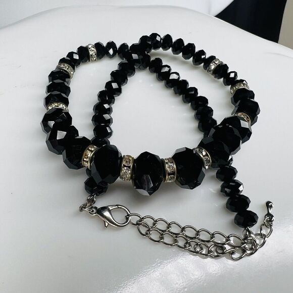 Glamorous Necklace Glass Black Faceted Graduated Beads Rhinestone Gold Tone 4403 - Picture 11 of 13